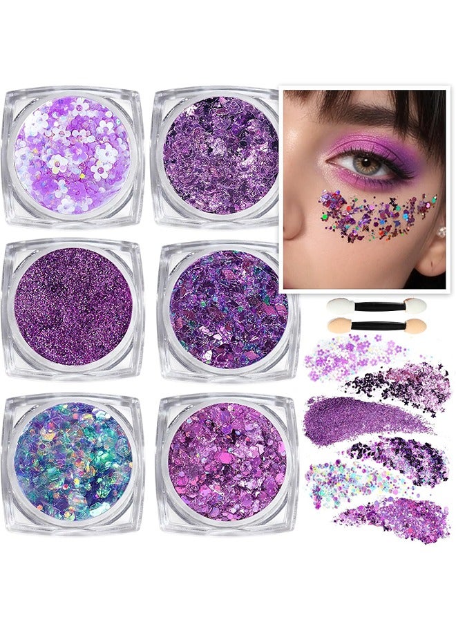 Teenitor Body Glitter Gel, Purple Face Glitter Set, 6 Shapes Face and Body Glitter, Hair Glitter Gel, Purple Makeup Glitters Gel for Face, Body, Hair