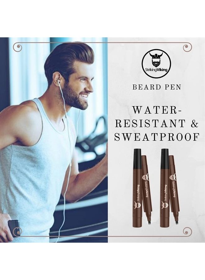 4-Tip Beard Pencil Filler for Men (2 pack), Updated Beard Filling Pen Kit with Brush, Long Lasting Waterproof Beard Pen - Fill, Shape, & Define Your Beard and Mustache - Striking Viking, Dark Brown (2