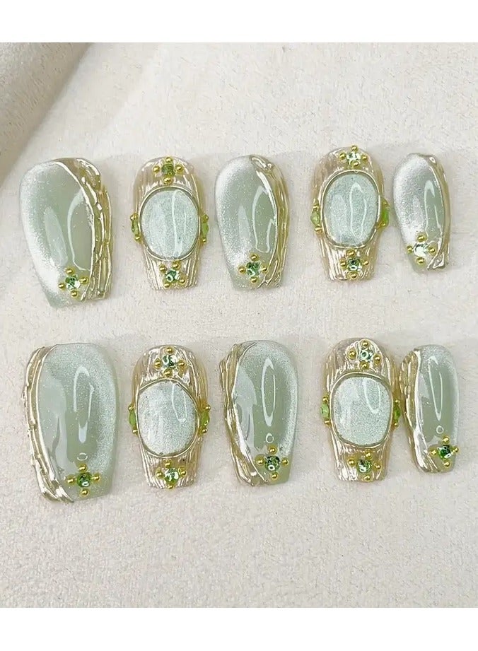 10pcs Elegant Green Pearlescent Square Press-On Nails with Golden Accents and Polka Dot Pattern - Medium Length, Reusable & Removable Nail Set for Everyday, Work, Dates, and Parties, Includes Jelly Glue & Nail File -M