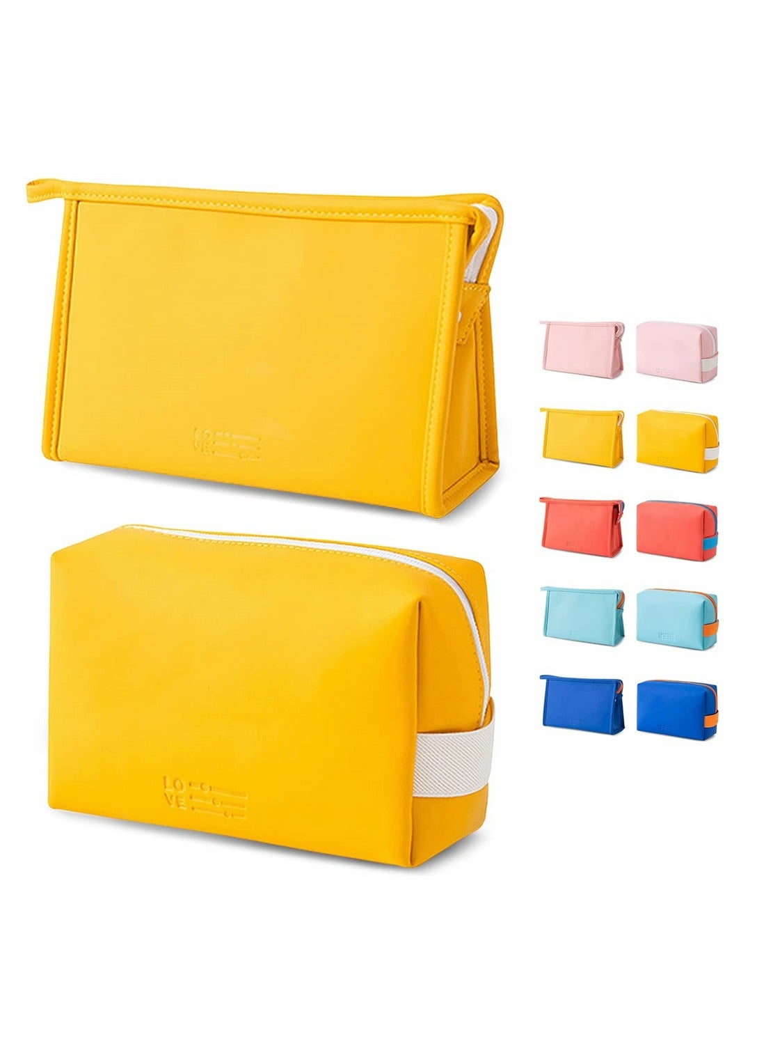 2 Pcs Portable Storage Washable Cosmetic Bag Small Travel Toiletries for Women Girls PU Leather Zipper Pouch Accessories Organizer Pencil Case (Yellow)