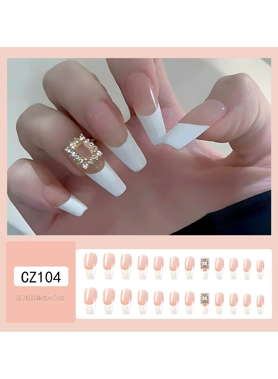 Milky White Rhinestone Frame Long Fake Nails – Handmade Press On Y2K Cool Sweet Nail Tips Detachable, 24pcs Luxury Party Wear