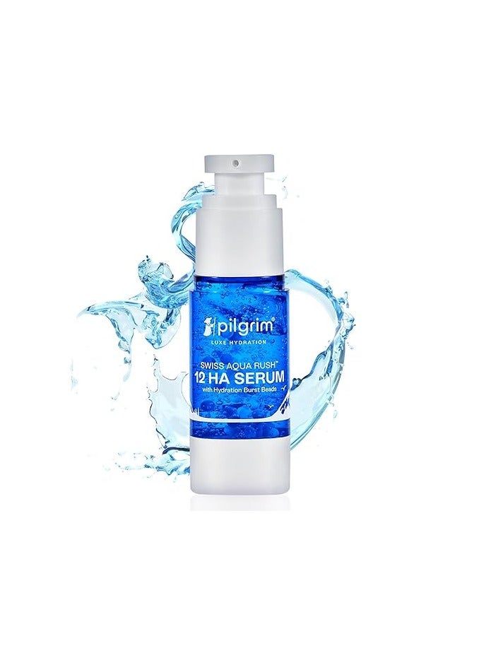 Pilgrim Swiss Aqua Rush™ 12 HA Serum (hyaluronic acid) with Hydration Burst Beads |Crafted with powerful hydrators-12 hyaluronic acid, Swiss Aqua Rush™, Copper Tripeptide |Long lasting hydration| 30ml