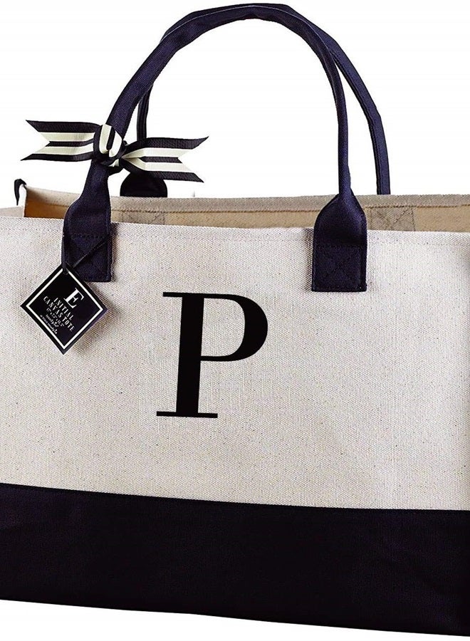 Classic Black and White Initial Canvas Tote Bags (P), 100% Cotton, 17" x 19" x 2"