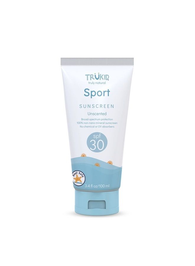 Sport SPF 30+ Sunscreen - UVA/UVB Protection, All Natural Ingredients, Water Resistant, Mineral Based & Unscented, Minimal Reapplication, Reef Safe, Planet-Friendly, Non-Nano, 3.4 oz