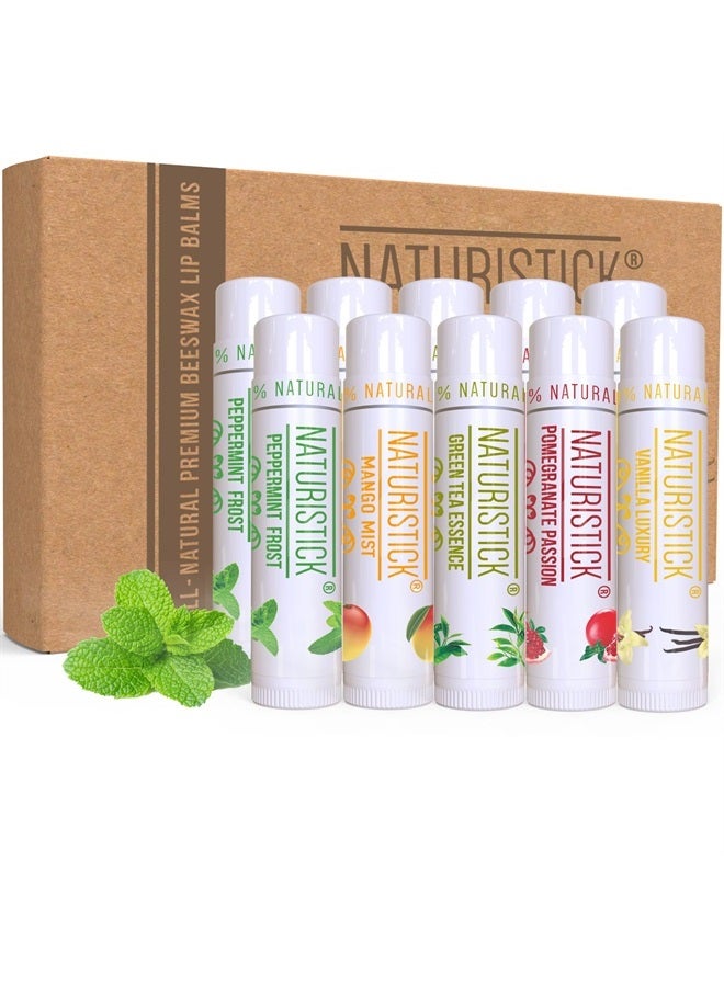 10-Pack Lip Balm Gift Set by Naturistick. Assorted Flavors. 100% Natural Ingredients. Best Beeswax Chapsticks for Dry, Chapped Lips. Made in USA for Men, Women and Children