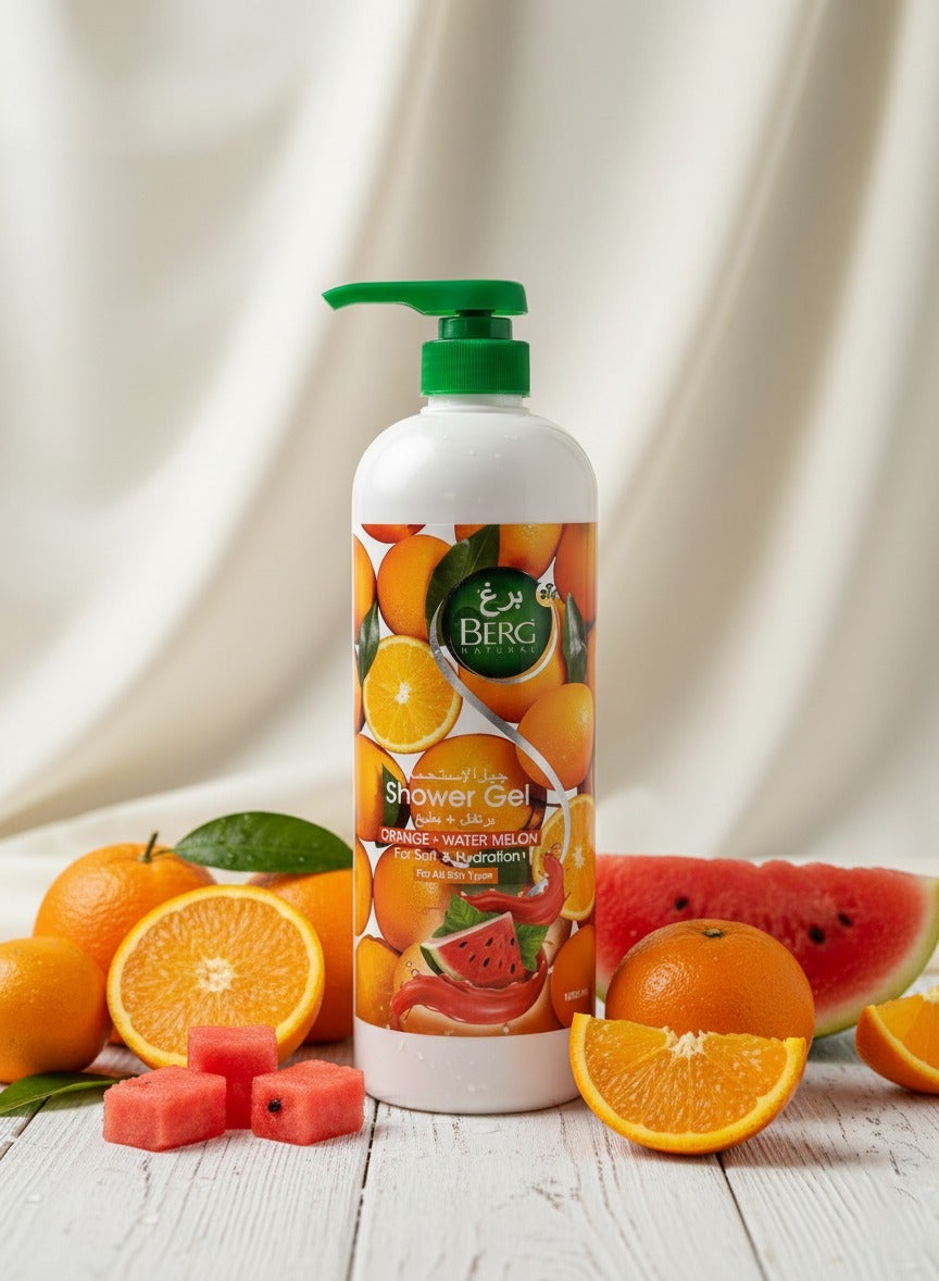 Berg Natural Orange & Watermelon Shower Gel & Scrub – Vitamin C + E Exfoliating Cleanser for Soft, Radiant Skin (1000 ml)