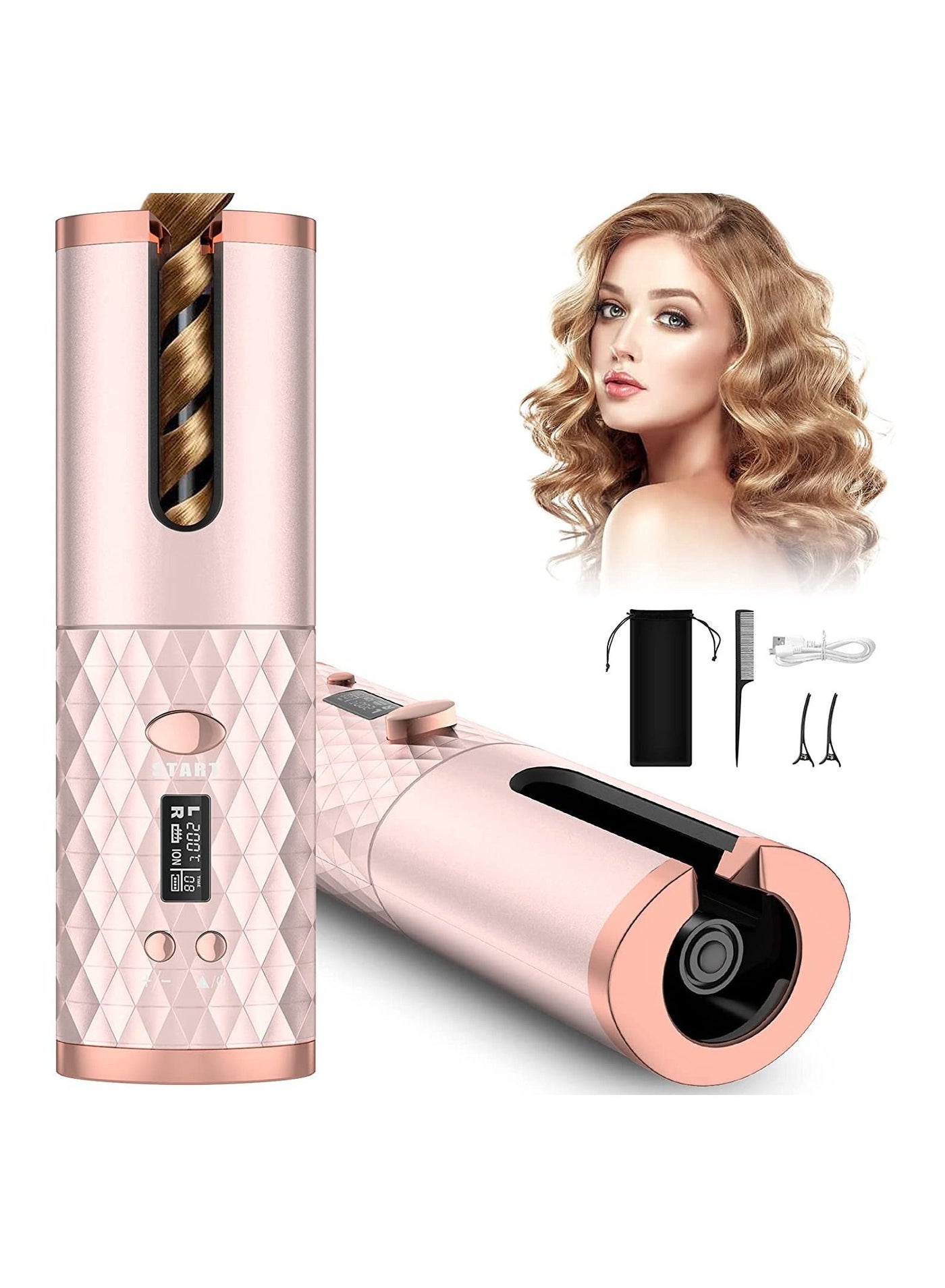 Wireless Curling Iron, Cordless Auto Hair Curler, Portable Rechargeable Silky Curling Barrel Wave Wand, Fast Heating Wireless Auto Curler with Timer Setting and 6 Temperature Adjustable