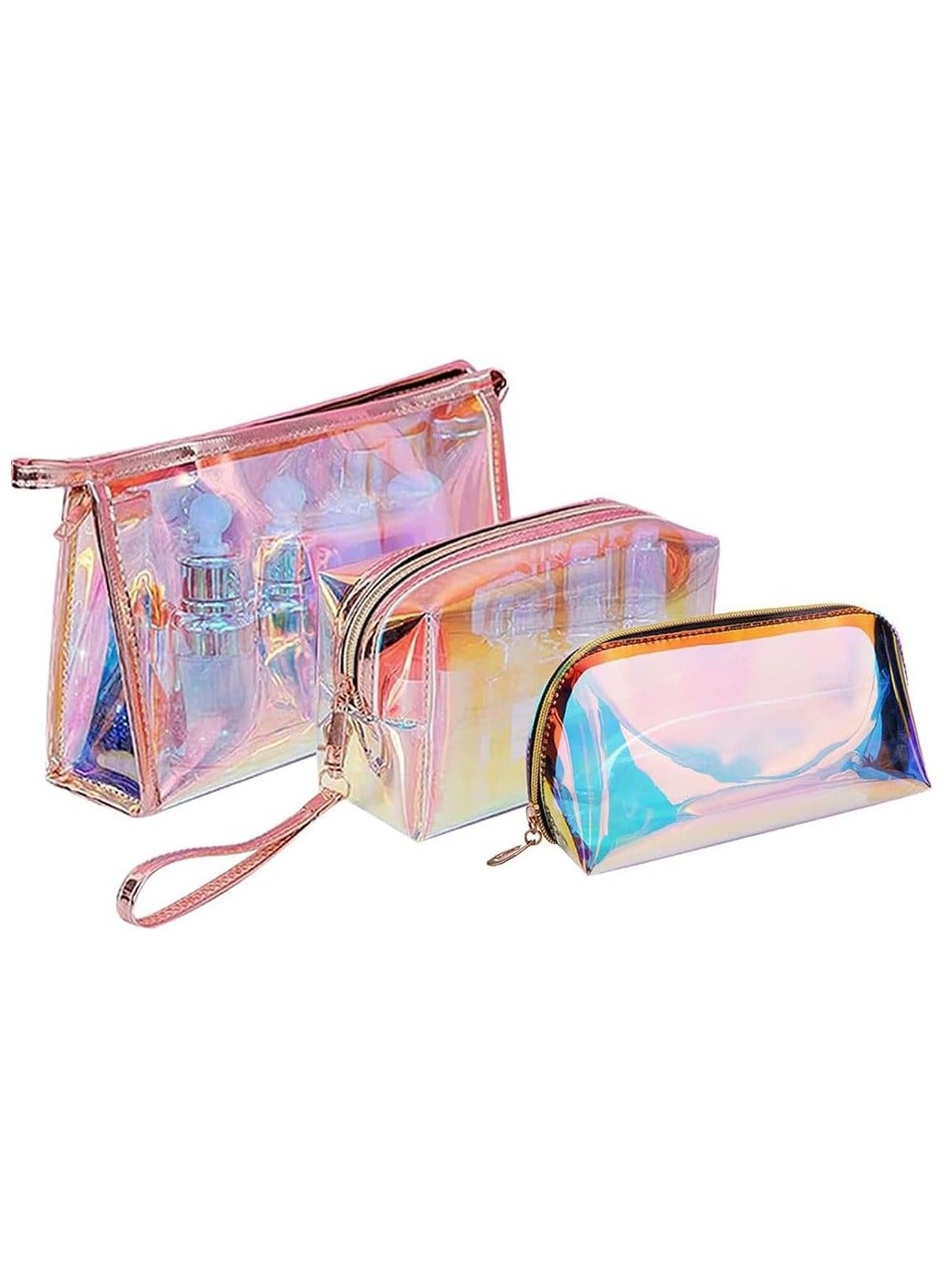 3 Pieces Holographic Makeup Bag,Transparent Half Round Colorful Toiletry Bags With Zipper,Portable Travel Iridescent Cosmetic Pouch,TPU Waterproof Cosmetic Bags for Makeup Tools Organize, Women Toiletries, Travel, Pencil Case