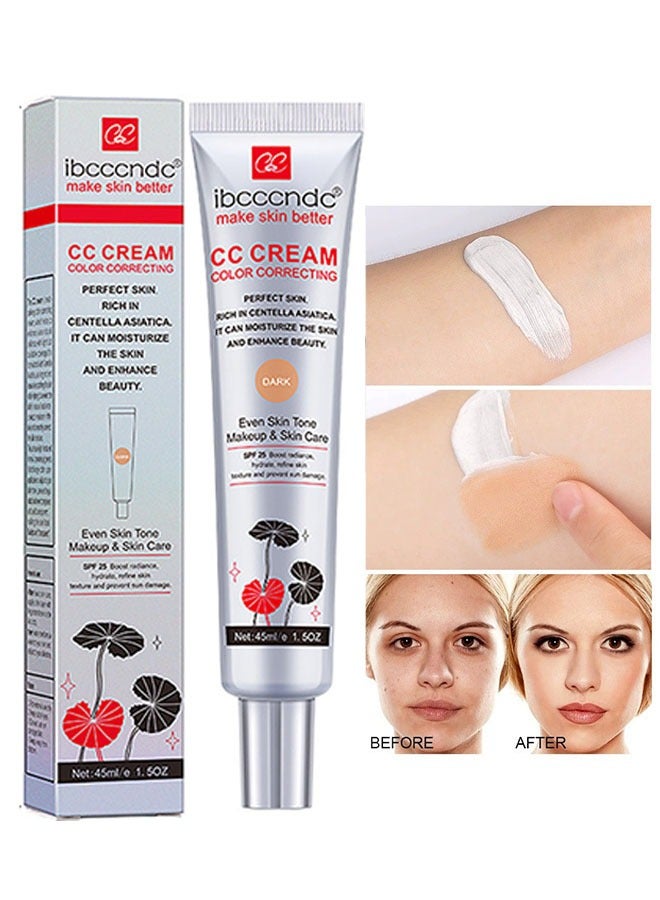 Color Correcting CC Cream 45ml, Hydrating CC Cream, Moisturizing Facial Concealer Sunscreen Full Coverage CC Cream with SPF 25, Dark