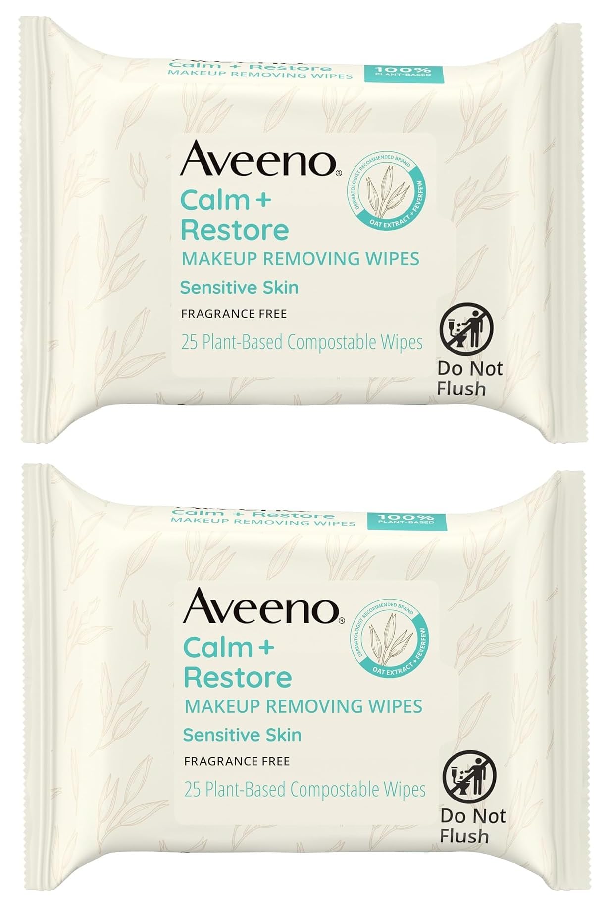 Aveeno Calm + Restore Nourishing Makeup Remover Face Wipes, Fragrance Free Facial Cleansing Towelettes with Oat Extract & Calming Feverfew, Alcohol Free, 100% Plant-Based Cloth, 25 ct - Pack of 2