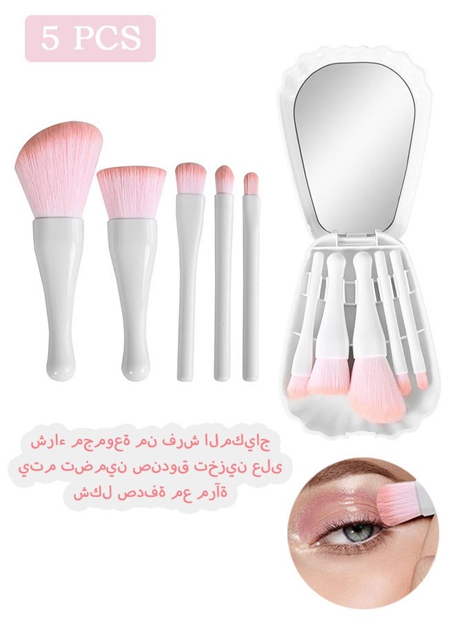 Shell Shape Makeup Brush Set, 5 Pcs Mini Cosmetic Brushes, Travel Cosmetic Brushes Kit with Mirror (White)