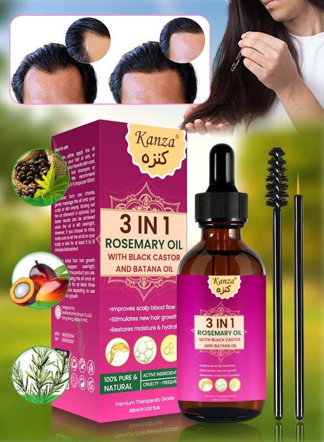 3 In 1 Rosemary Oil with Black Castor Oil & Batana Oil for Hair Care Hair Conditioner Oil for Thin Hair Repair Damaged Hair Nourishes Thin Hair Scalp Skin and Loss Hair Growth Fit for All Hair Types