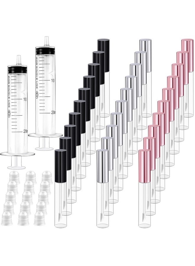 30 Pack Lip Gloss Tube, 10ml Empty Refillable Lip Balm Bottle Clear Plastic Lip Gloss Container with Rubber Stoppers for DIY Makeup, Personal Cosmetic, Black, Sliver and Pink