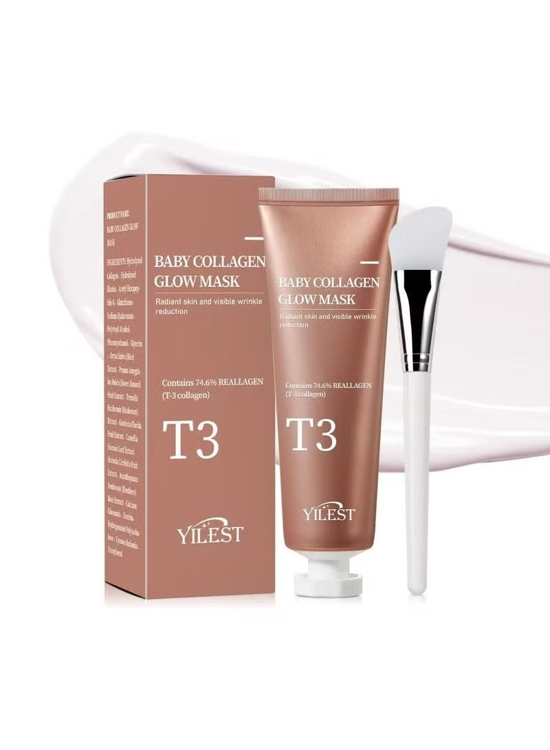 T3 Collagen Mask, Baby Collagen Glow Mask, Collagen Peel Off Mask, Hydrating Mask for Anti-Wrinkle, Anti-Aging, Pore Tightening, Firming Lifting Glowy Skin