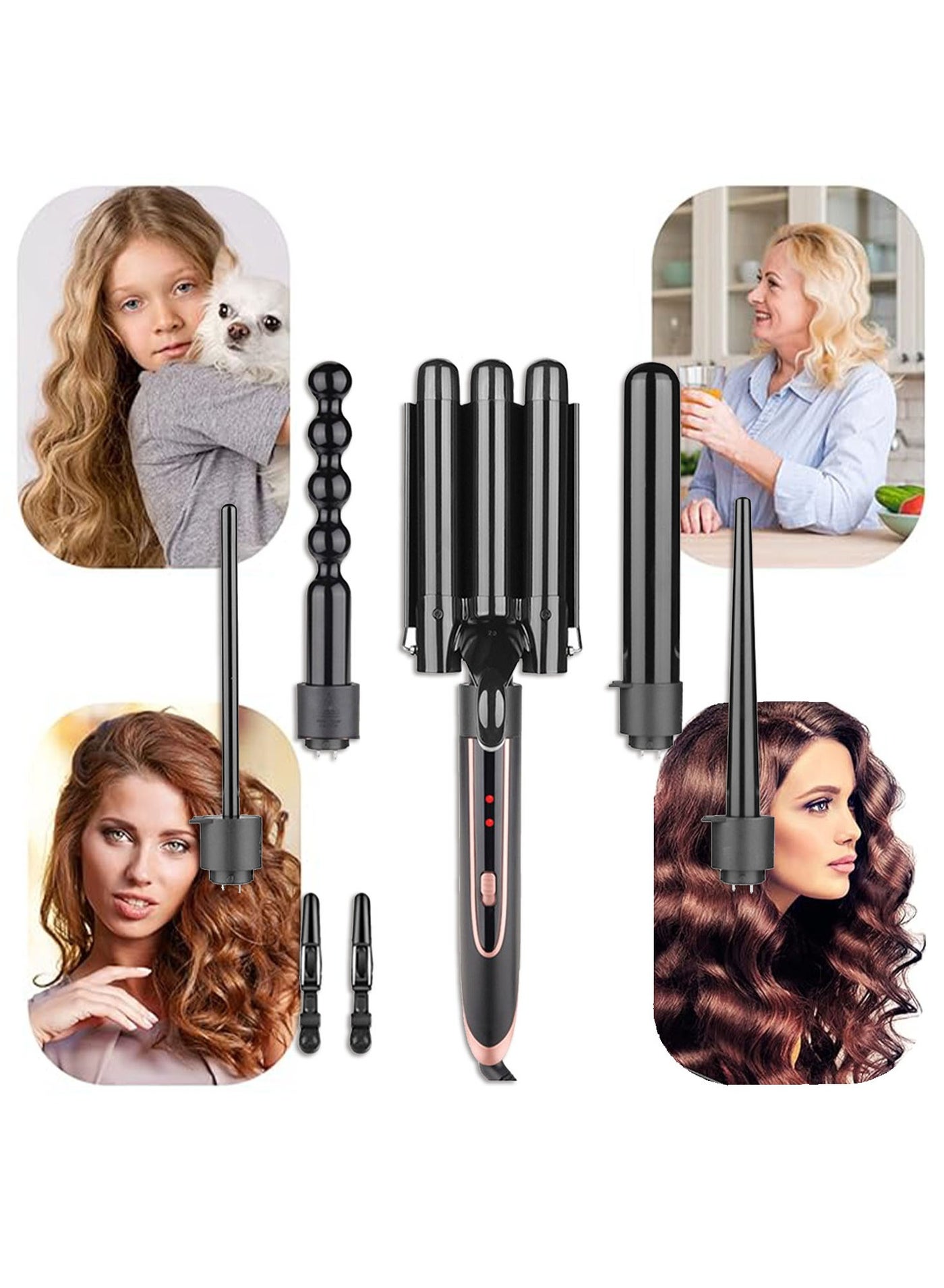 5 in 1 Curling Iron Wand Set with Heat Protective Glove 5 Interchangeable Ceramic Barrels 3 Barrel Hair Curler Black