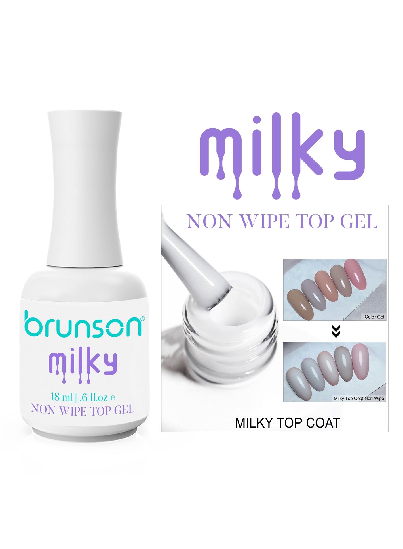 Brunson Gel Nail Polish Top Coat No Wipe Gel Top Coat Milky Glossy, Gel Polish Soak Off UV LED Drying, Long Lasting Shiny Nail Varnish 18ml