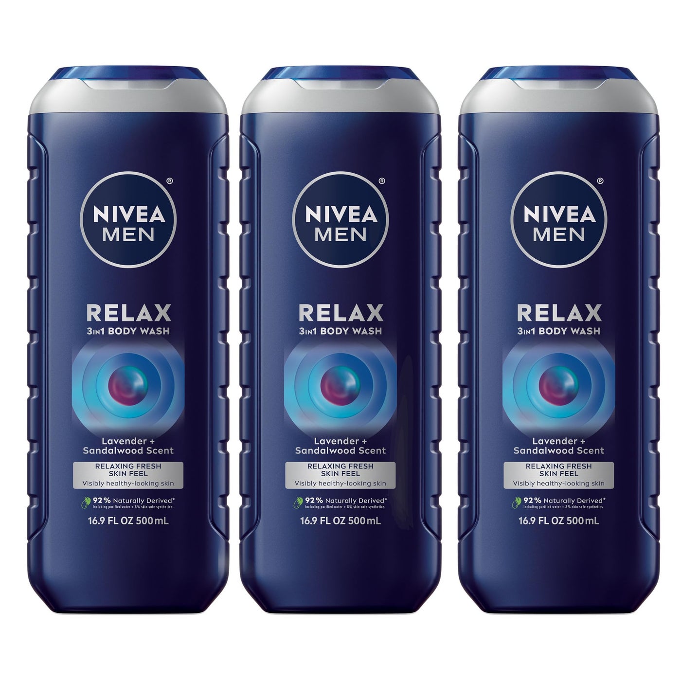 NIVEA Men Relax Body Wash, Lavender and Sandalwood Scent, 3-in-1 Men's Body Wash, Face and Hair, Paraben Free, Vegan Formula, pH-Skin Friendly, 16.9 Fl Oz Bottle, Pack of 3