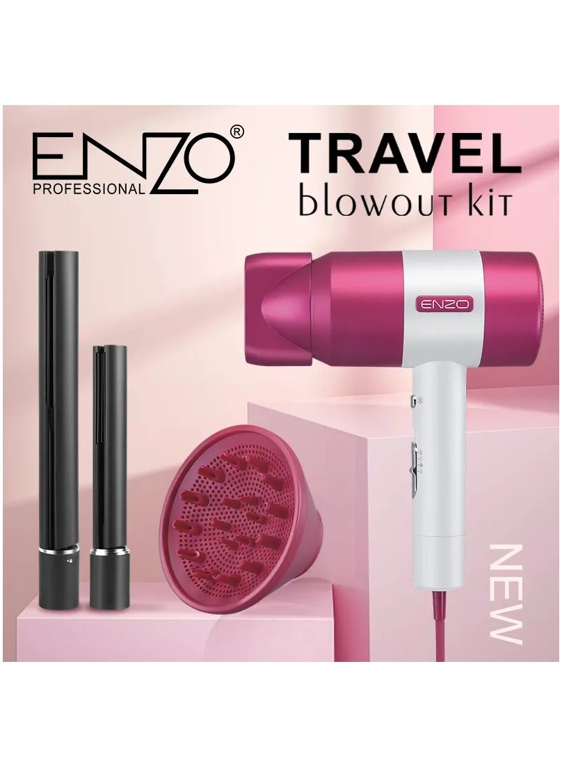 ENZO EN-139 Professional Travel Blowout Kit – High-Speed One-Step Hair Dryer, Rechargeable Hair Straightener, Curling Iron & Styling Tools Set