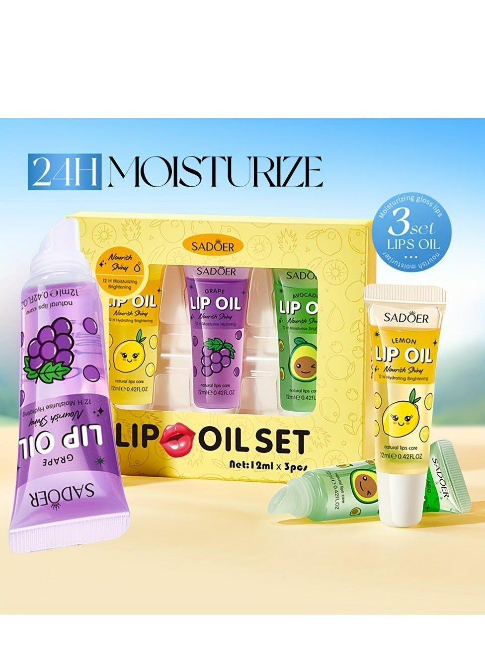 Nourishing Glossing Lip Oil Set (Avocado Grape Lemon) 12ml x 3
