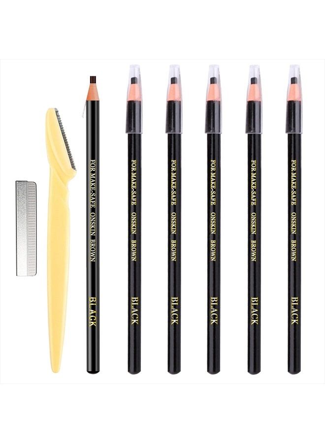 6 Piece Black Colour Waterproof Eyebrows Pencil Tattoo Makeup And Microblading Supplies Kit-Permanent Eye Brow Liners In Waterproof Eyebrow Pencils Peel - Brow Pencil Set For Marking