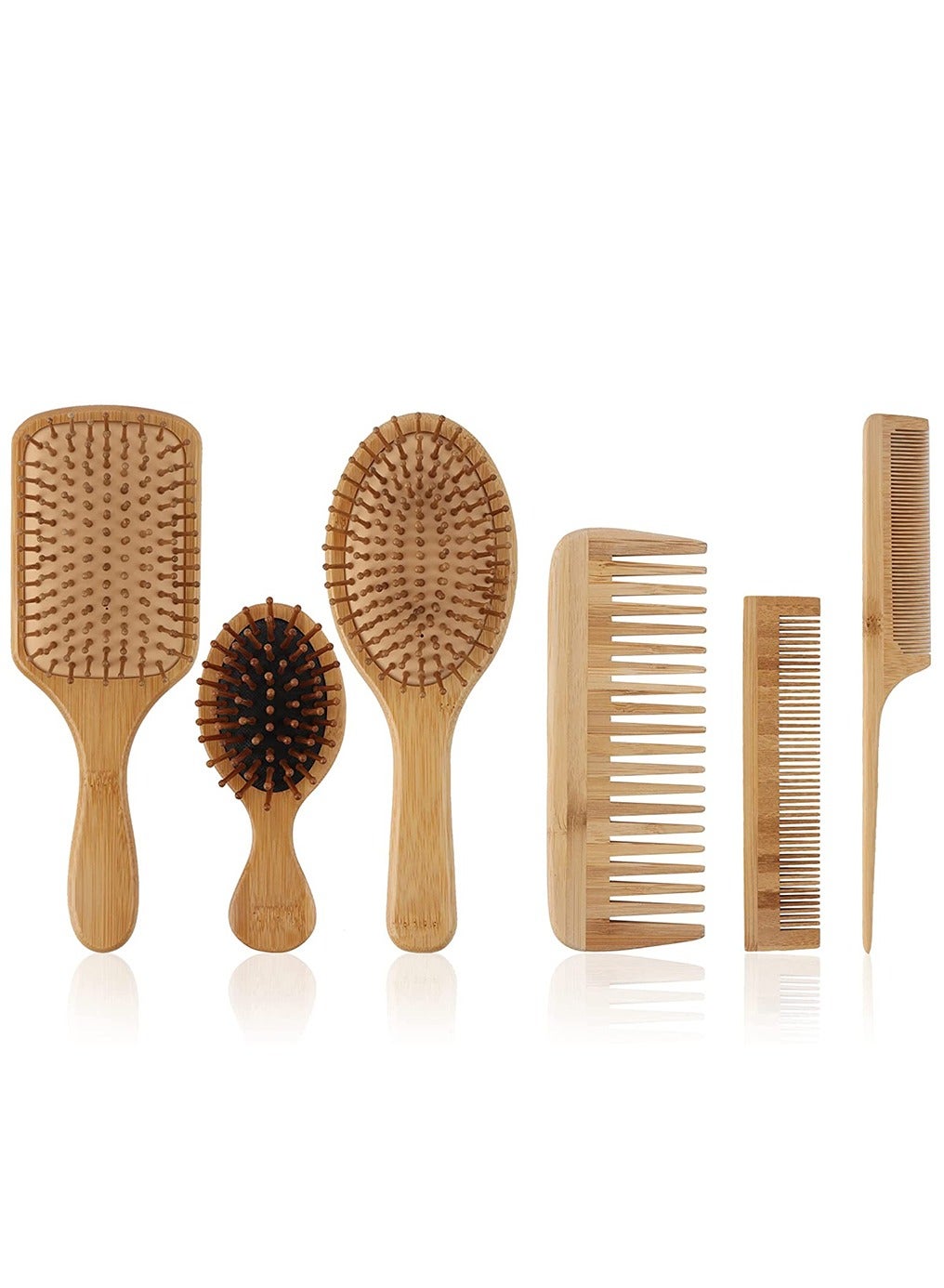 6-Piece Natural Bamboo Paddle Hair Brush And Comb Set Beige