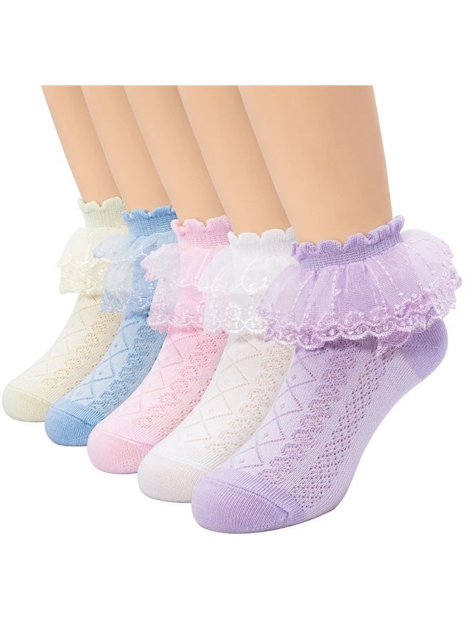 5 Pairs Toddler Girls Lace Ruffle Socks Baby Kids Eyelet Cotton Frilly Princess Dress Sock Cute Sock for 7-9years