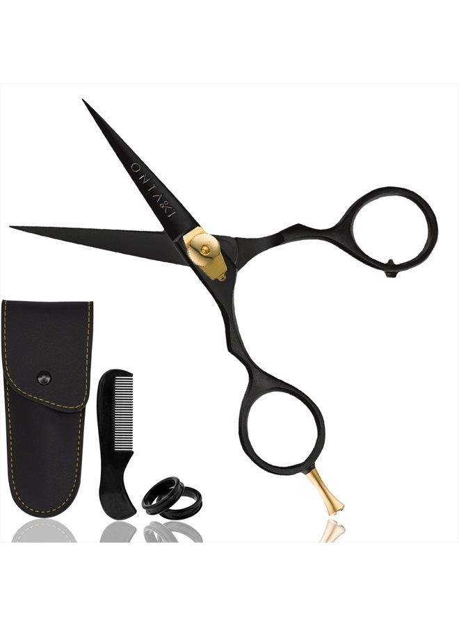 5.5" Professional Japanese Steel Beard Mustache Scissors Salon Shears - Hand Forged Barber Scissors For Men Precision - Trimming Scissors for Beards, Mustache, Bangs, Hair & Pets (Gold & Black)