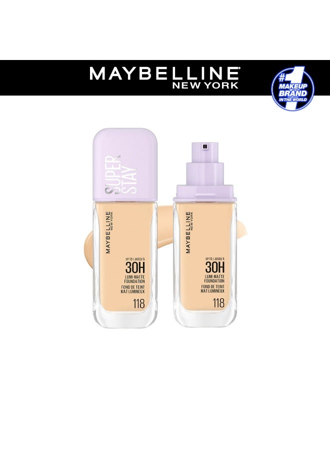 MAYBELLINE SUPER STAY LUMI-MATTE FOUNDATION 30H LONGWEAR, LIGHTWEIGHT, WATERPROOF, SWEATPROOF, HEATPROOF, STAY TRUE TO TONE ALL DAY, 118
