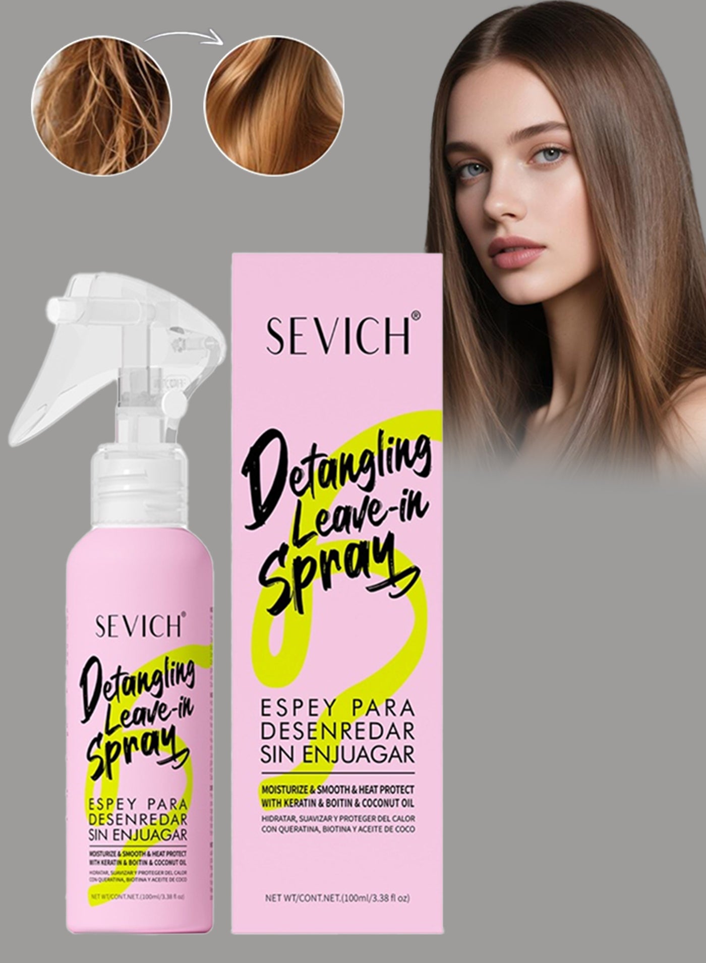 100ml Detangling Leave in Spray Damage Repair Frizz Control Heat Protection Leave in Conditioner with Keratin Biotin and Coconut Oil Lightweight Non Greasy Instant Detangler Leave in Spray