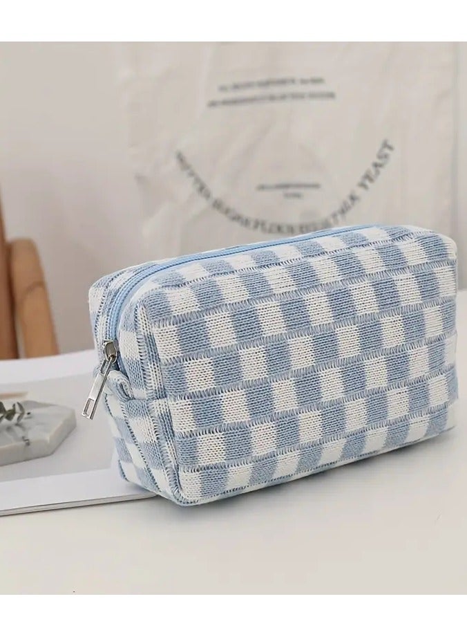 Checkered Kinitted Cosmetic Bag Makeup Pouch Roomy Zipper Pouch Portable Travel Toiletry Bag Organizer - Blue