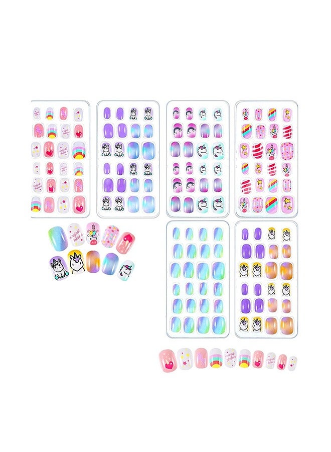 Girls Press-on Nails Fake Cartoon Stickers for Kids 144 Pieces 6 Box Removable Patches with Adhesive Back Full Coverage