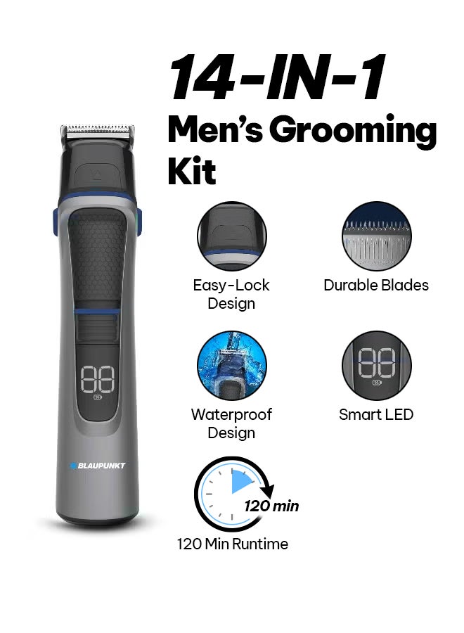 Blaupunkt 14-in-1 Trimmer & Shaver Kit for Men – Precision Beard Trimmer, Nose & Body Groomer, USB-C Rechargeable, LCD Display, 120 Min Runtime, Quick Charge, Multiple Guide Combs-SRM614