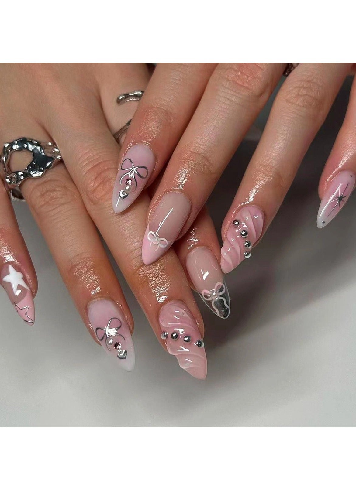 Press On Nail,Cold-Tone 3d Water Drop Shell Nail Art, Almond-Shaped Artificial Nails,24pcs.Fake Acrylic Nails With Glue Kit.