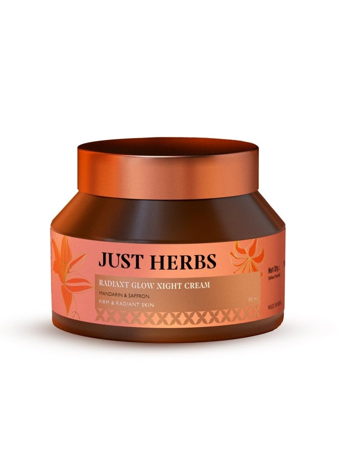 Just Herbs Radiant Glow Overnight Night Cream | 72H Moisture Lock | Firming & Brightening with Saffron, Vitamin C, Niacinamide | Non-Sticky | For All Skin Types | 50g
