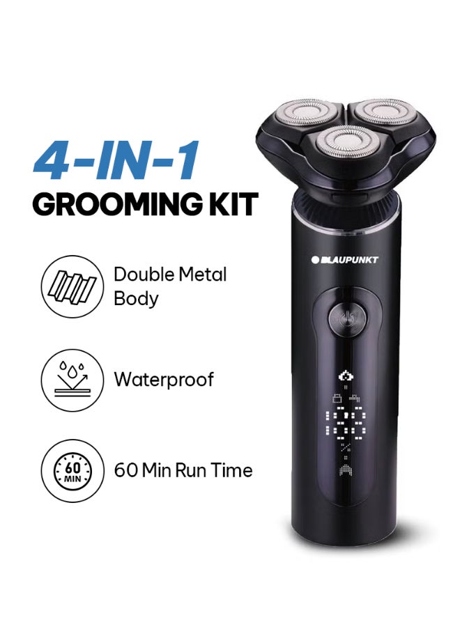 Blaupunkt 4-in-1 Shaver Grooming Kit for Men, Metal Body, Hair & Nose Trimmer, Cordless & Corded Use, LCD Display, USB-C Charging, IPX7 Waterproof, Travel Lock, 60 Min Runtime-SVM604