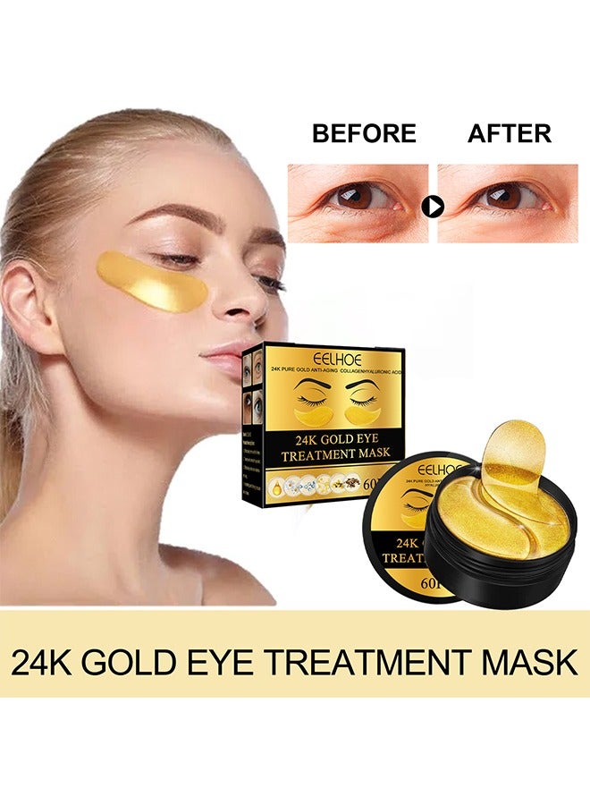 24K Gold Eye Treatment Mask, 60 pcs of Collagen Gel Pads For Eye Care, Used for Puffy Eyes and Dark Circles, Dry Lines and Fine Lines, Helping To Moisturize and Soothe Eyes and Protect Skin