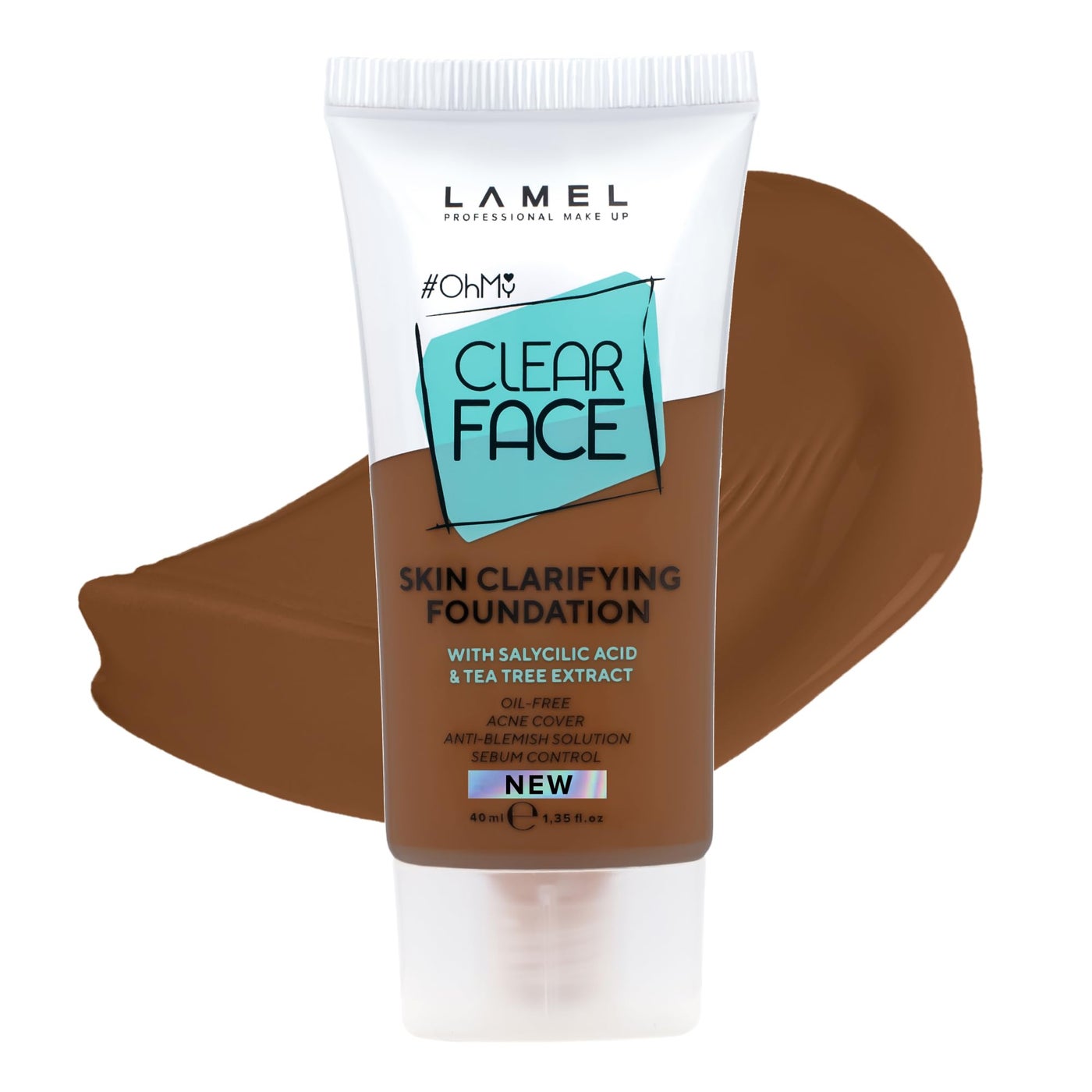 LAMEL Oh My Clear Face Full Coverage Foundation for Oily & Acne Prone Skin, Salicylic Acid & Tea Tree Extract, Anti-Blemish Sensitive Skin Care, Organic & Oil-Free, 411 Deep Neutral, 40 ml 1.35 fl.oz