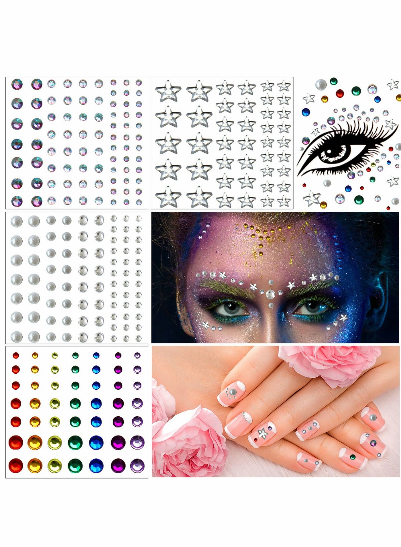 Bindi Dots Face Jewels Face Jewelry For Women Face Gems Stick On Eye Forehead Crystals Sticker Tears Rainbow Pearl Rhinestones For Makeup Party Festival Accessory Nail Art Decoration(4 Sheets)