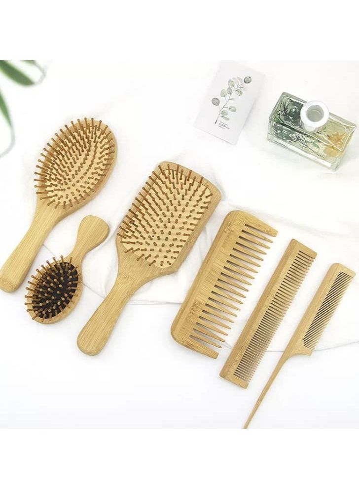 6Pcs Natural Bamboo Comb Set Wooden Massage Hair Brush with Wide Tooth Comb Grooming Comb for Women Men and Kids - Massage Scalp Comb
