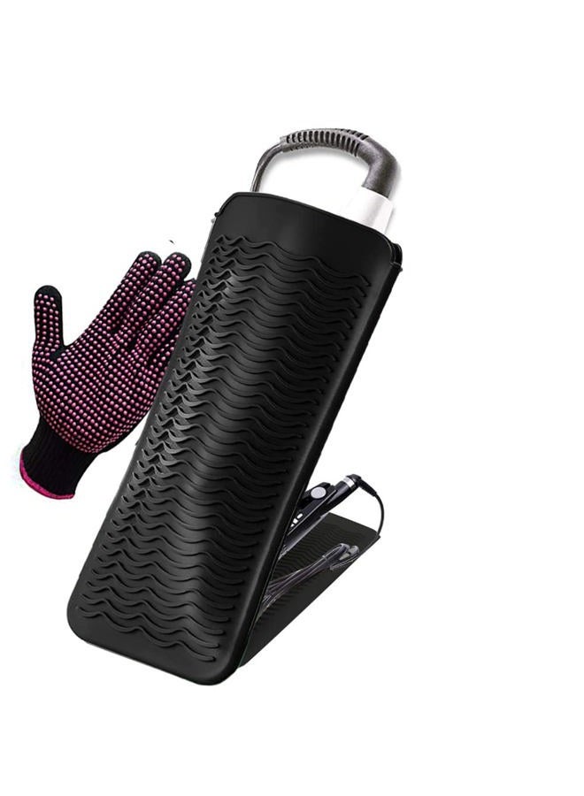 Heat Resistant Silicone Mat and Glove Set for Hair Straighteners and Flat Irons - 11" x 6" Mat, 8.7" x 5.2" Bump Glove, Black