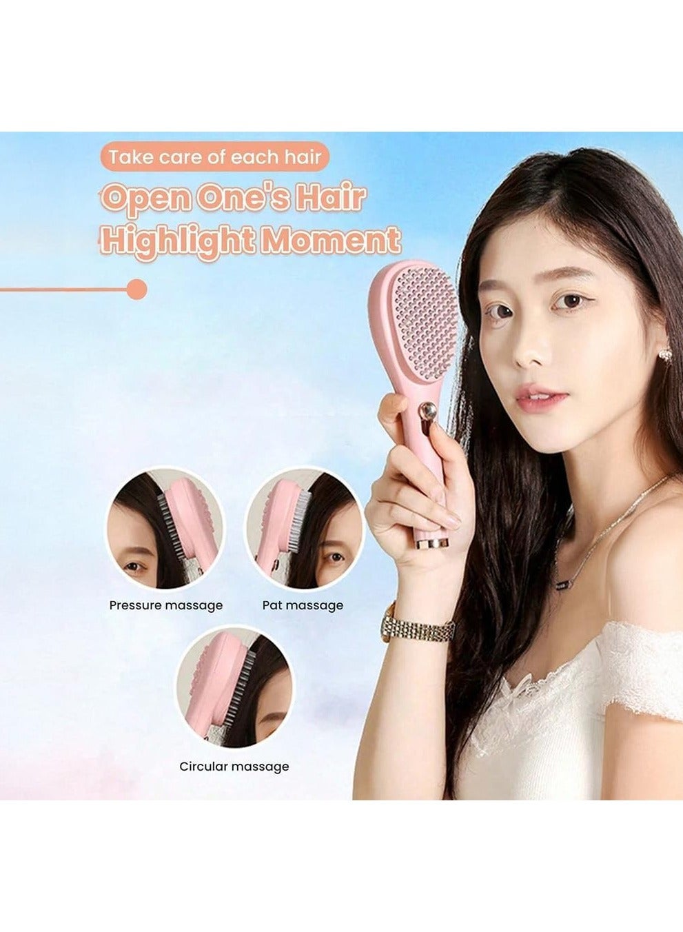 Self Cleaning Hair brush Retractable Hair Brush For women,Airbag Massage Combs for Thick Hair Long Hair (light pink)