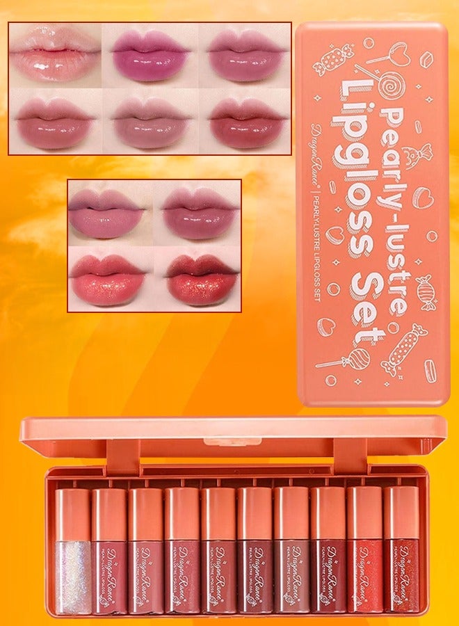 10Pcs Lip Gloss Set Pearly Lustre Lipgloss Lip Oil Moisturizing Hydrating Lip Glow Oil Lip Gloss Kit High Shine Lip Plumping Glass Finish Matte Liquid Lipstick for Women