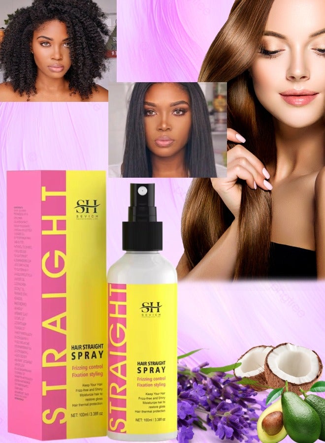 100ml Hair Straight Spray Smoothing Hair Thermal Protection Moisturize and Shine Hair with Coconut Oil and Shea Butte Hair Straightening Spray Frizzing Control Fixation Styling Spray