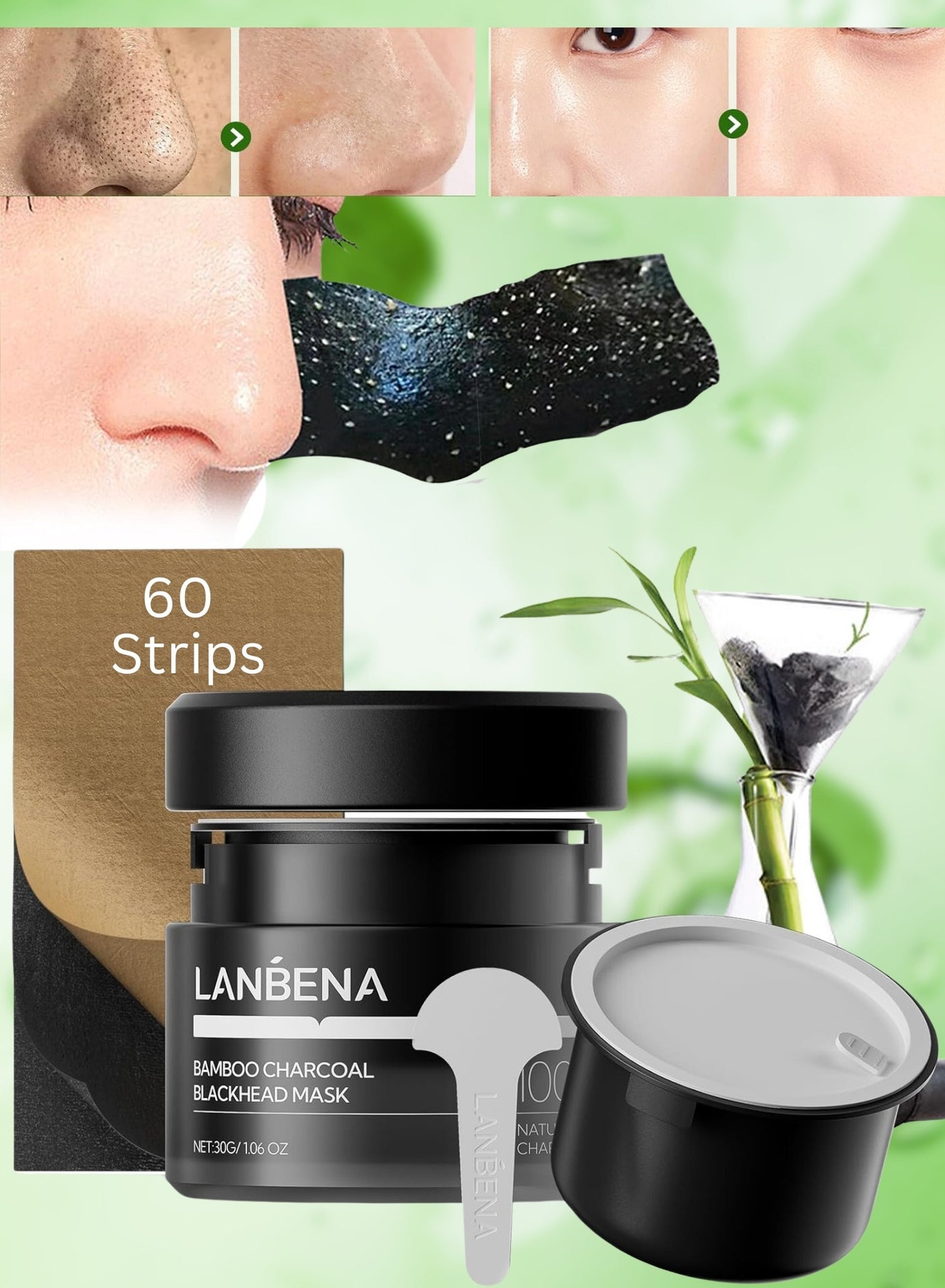 Bamboo Charcoal Blackhead Mask,Charcoal Nose Pore Strips,Blackhead Remover Mask for Stubborn Blackheads, Dirts, Whiteheads, Oil,Face Pore Purifying Cleansing Mask  with 60 Pcs Nose Strips, Volcanic Ash Mask 30g