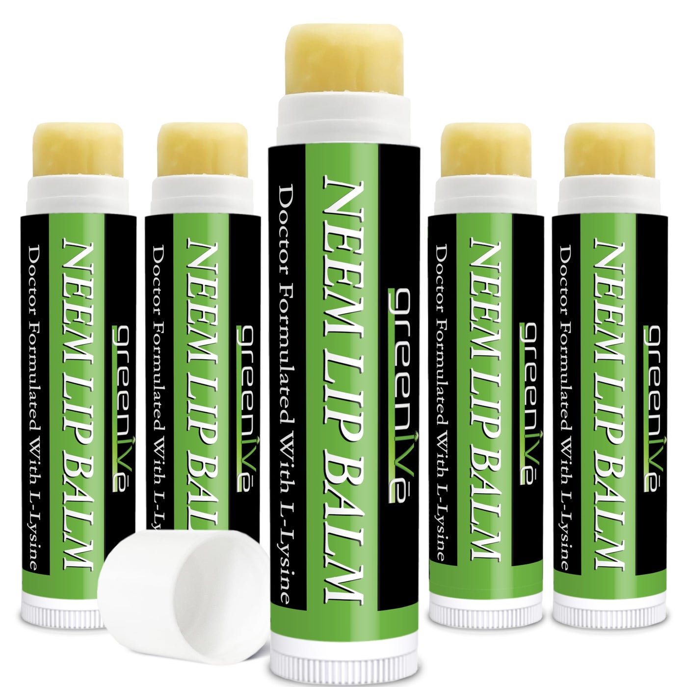 GreenIVe Neem Lip Balm Vegan Lip Moisturizer Neem Seed Oil L-Lysine Handcrafted Natural Lip Care Chap Stick for Dry Lips Cracked Lips Sensitive Lips All Natural Ingredients Beeswax Free (5 Tubes)