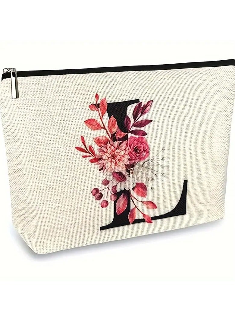 Floral Initial Makeup Bag for Women and Men - Durable Polyester, Waterproof, Unscented - Versatile Cosmetic and Toiletry Pouch with Secure Zipper Closure - Letter Monogram Design