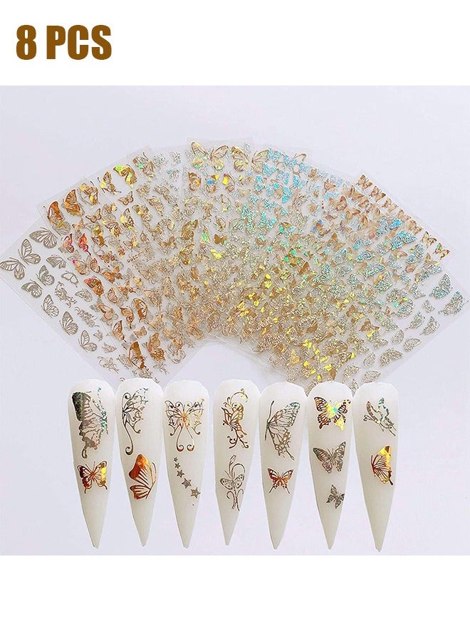 Butterfly Nail Art Stickers Decals Laser Stickers Nail Designs 3D Gold and Silver Color Butterflies Nail Art Adhesive Sticker Sheets Nail Foil Butterfly Nail Stickers for Nail Art Decoration(8 Sheets)