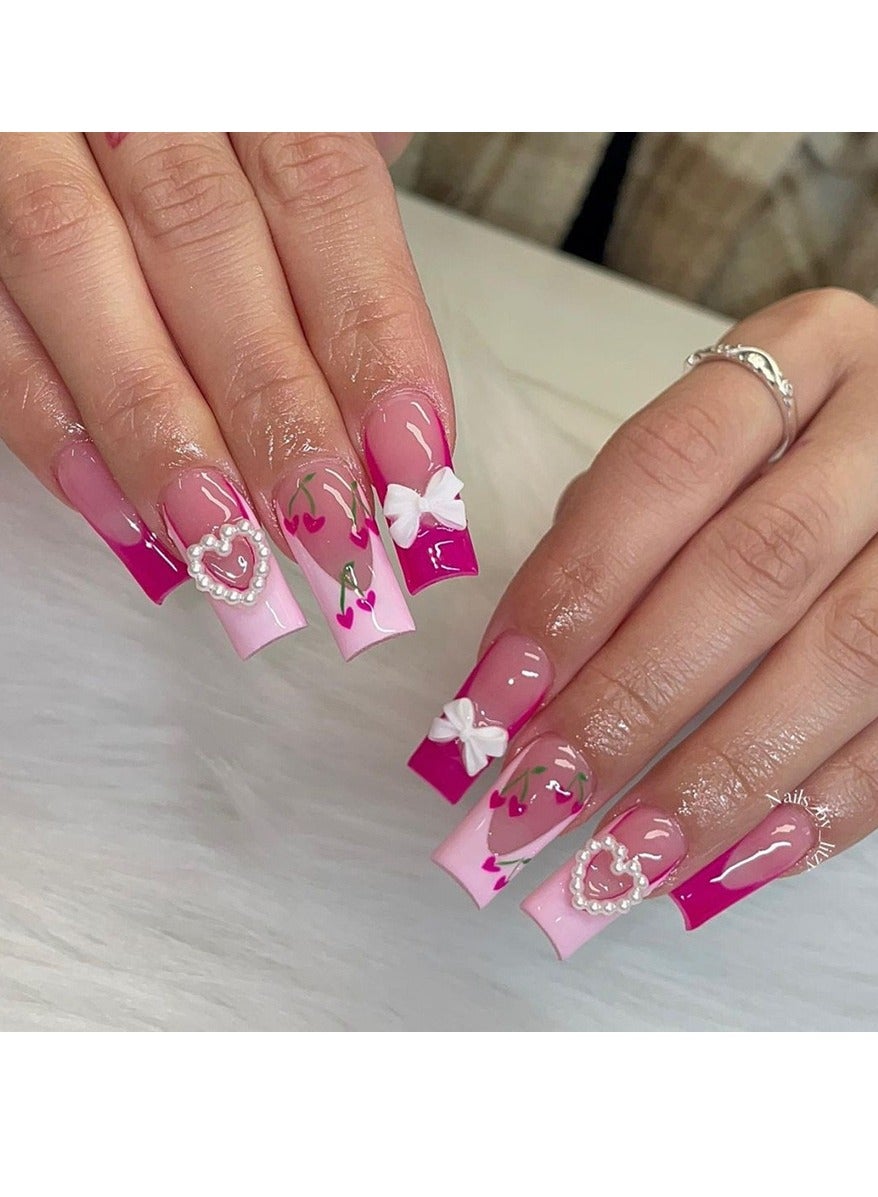 Press On Nails 24pcs, Spring And Summer Fresh Style Medium-Length Trapezoidal French Edge Press-On Nails, Featuring Cherry, Bow, And Heart Designs. Set Perfectly Showcases a Sweet Vibe And Fashionable Charm Of Fake Nails! Fake Acrylic Nails With Glue Kit.