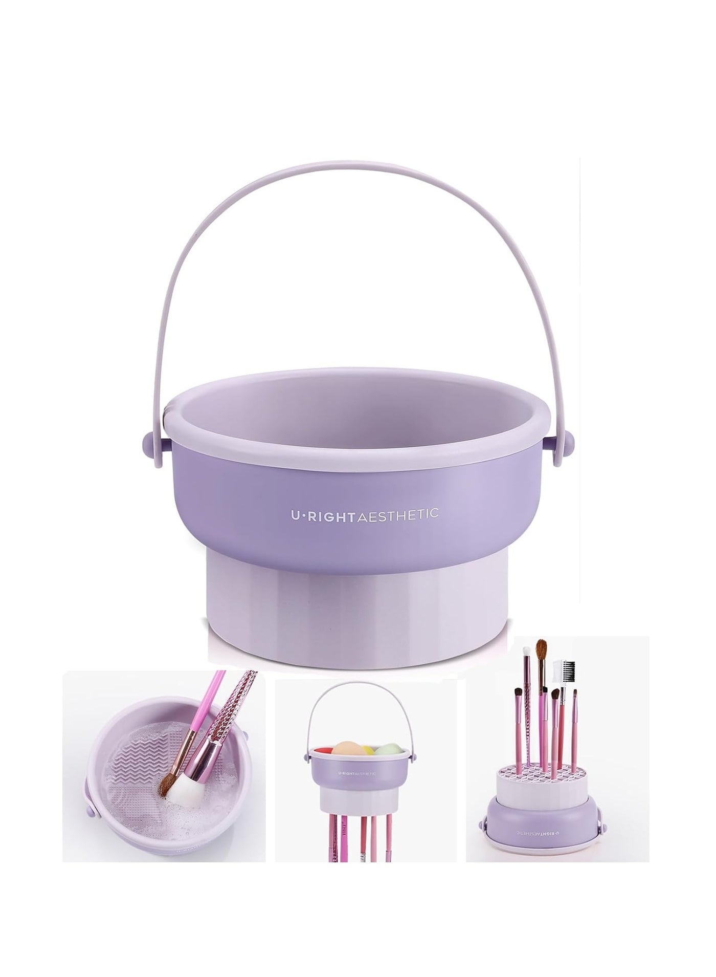 3 in 1 Brush Cleaning Mat with Brush Drying Holder, Silicone Makeup Brush Cleaner Mat Make Up Brush Cleaning Bowl Cosmetic Brush Washing Tool for Makeup Brush, Sponge, Powder Puff (Purple)