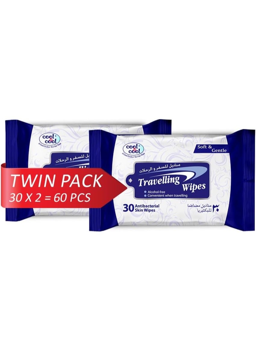 Cool & Cool Travelling Wipes - 30's (Pack of 2) - Convenient for Travel,Antibacterial Skin Wipes with Vitamin E,Aloe Vera Gel & Herb Extract,Soft & Gentle - 60 Wipes